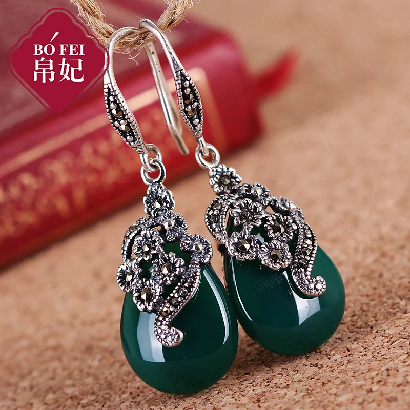 famous brand Natural semi-precious stones 925 Sterling silver earrings flowers green Opal Chalcedony Retro Women jewelry