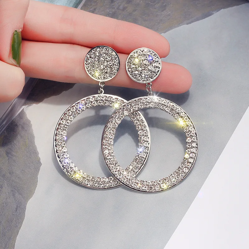 Fashion Shining Circle  Earrings Precision Inlay Gold Silver Color Color Rhinestone Earrings for Women Wedding Party Jewelry