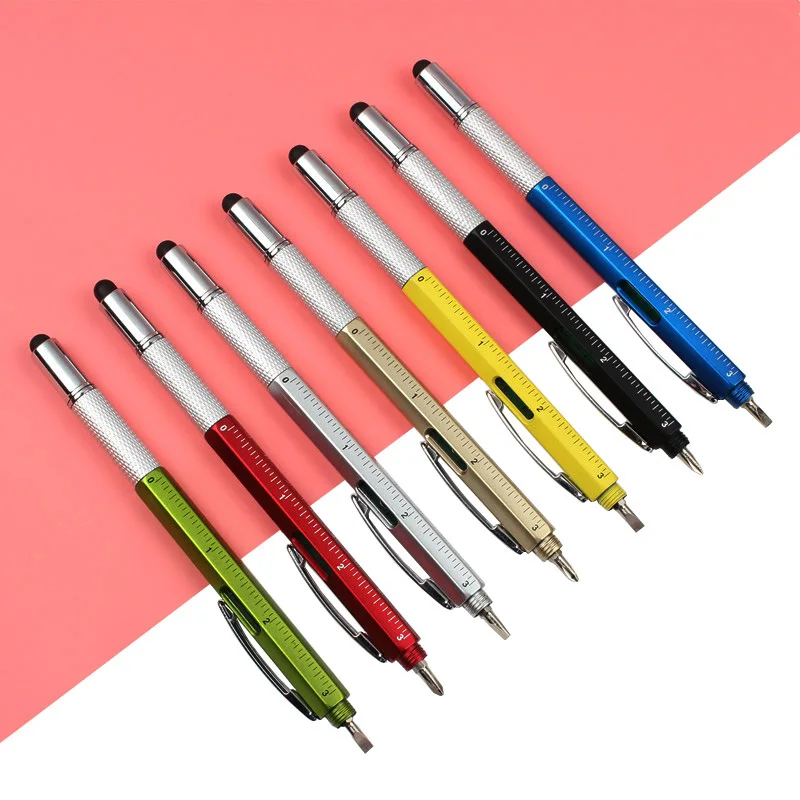 7PCS/Set Multifunctional Ballpoint Pen Overvalue Handy Tech Tool Ballpoint Pens Screwdriver Ruler Spirit Level Multifunction