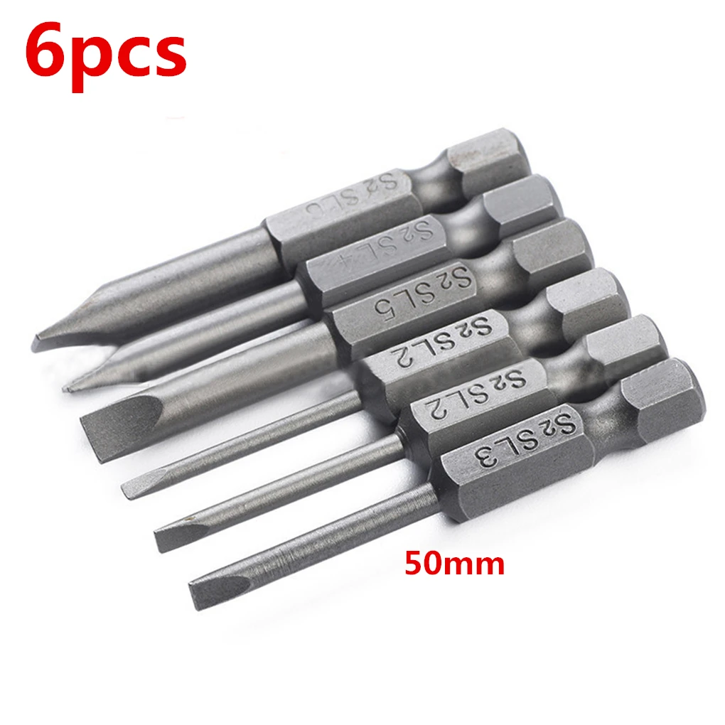 6pcs 50mm S2 Alloy Steel Slotted Screwdriver Bit Set 2mm-6mm Magnetic Flat Head Slotted Tip Nozzles for Screwdrivers Bits Tips