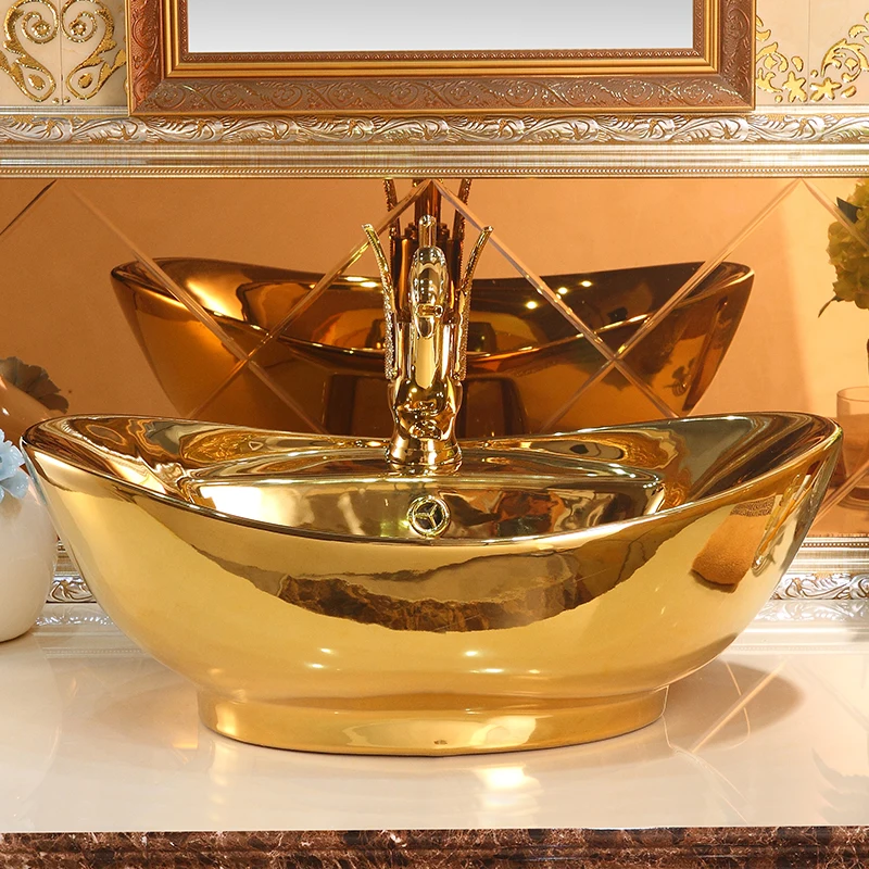 

Europe Vintage Style Ceramic Washing Basin Bathroom Counter top Bathroom Sink hand washbasin oval golden