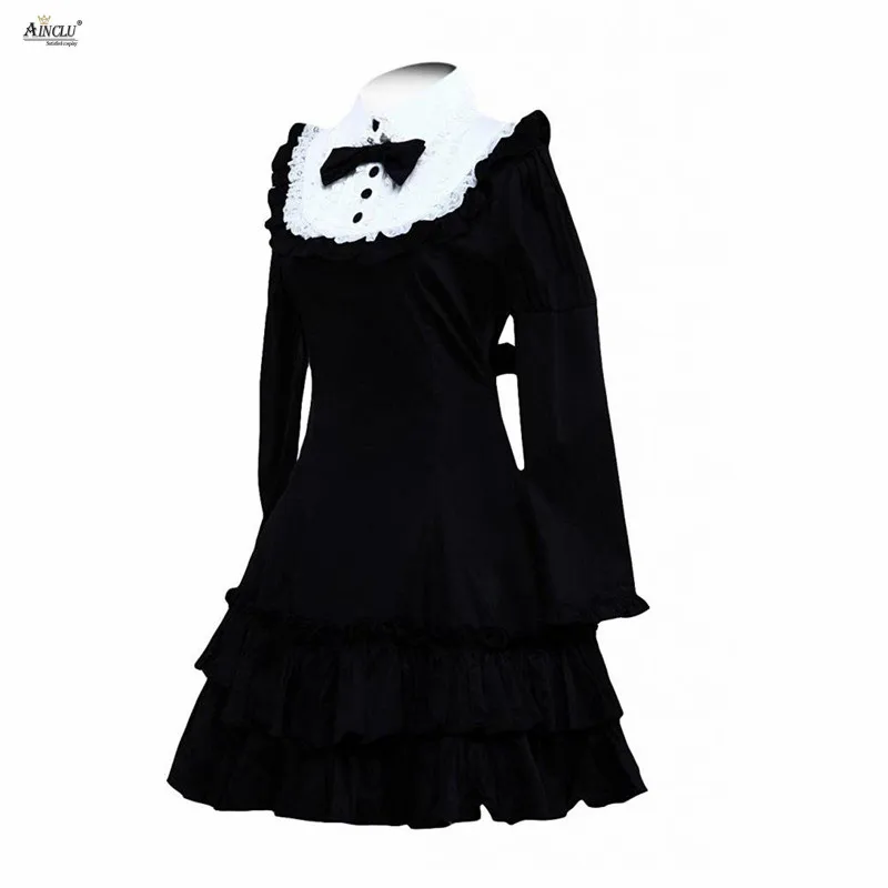 Klassieke Lolita Jurk Dames Katoen Zwart Lange Mouwen Ruche Klassieke Prinses Jurken Lolita Jurk Cosplay Kostuums XS-XXL