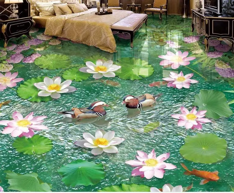 

custom 3d flooring Lotus pond flowers wallpaper murals Living room bedroom bathroom floor photo wallpaper wall mural