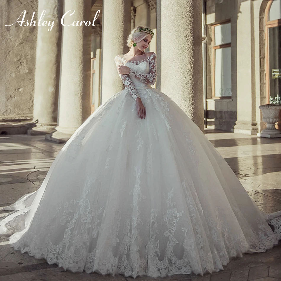 Ashley Carol Ball Gown Wedding Dress Vintage Lace Sexy Scoop Beaded Long Sleeve Princess Bride Dresses Luxury Wedding Gowns