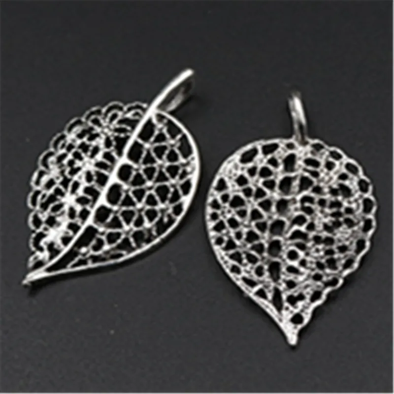 12pcs Silver Plated Hollow Leaves Charm Earrings Necklaces Pendant Fashion DIY Metal Jewelry Handicraft Findings 39*23mm A556