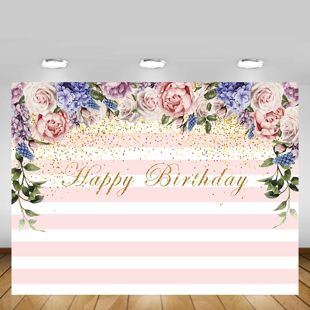 

Children Birthday Party Photo Backdrops Fairy Princess Pink Floral stripe Party Banner Background for Photography Booth Props