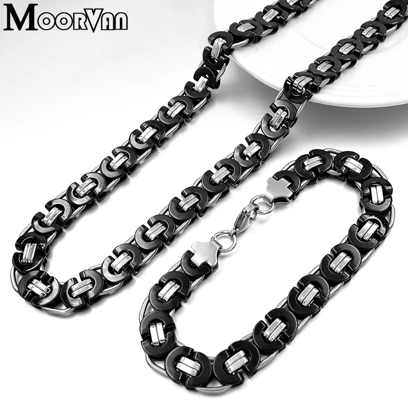 Moorvan Stainless Steel Men Jewelry Set Fashion Egypt Byzantine Bracelet Necklace Sets 11mm Width Jewellery for Women\'s Man\'s