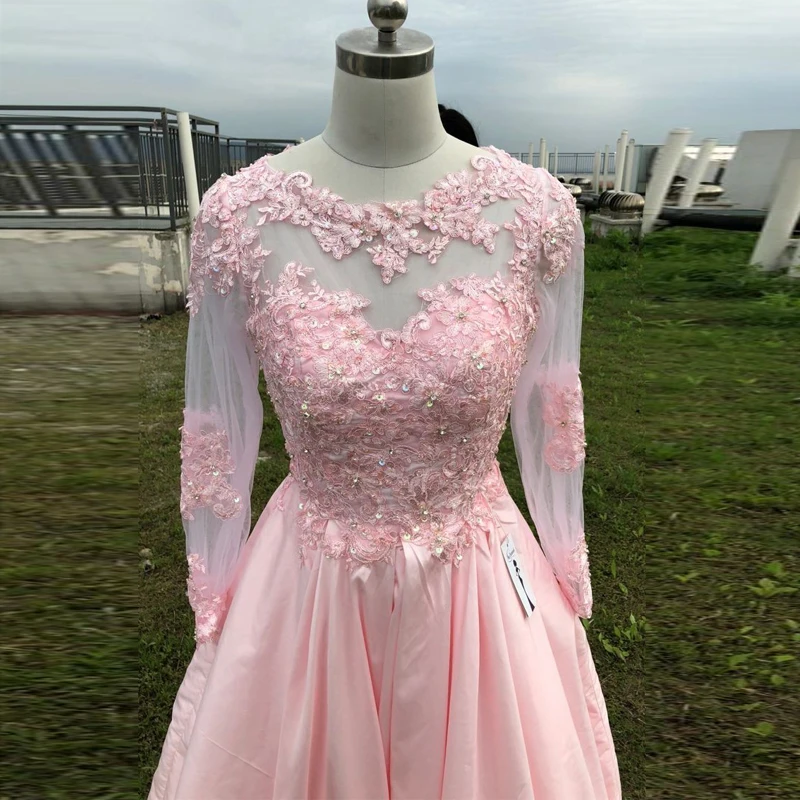 Robe De bal De forme trapèze, longue, rose, longueur au sol, manches longues, col rond, en dentelle, avec des Appliques De perles, Robe De soirée en graffiti