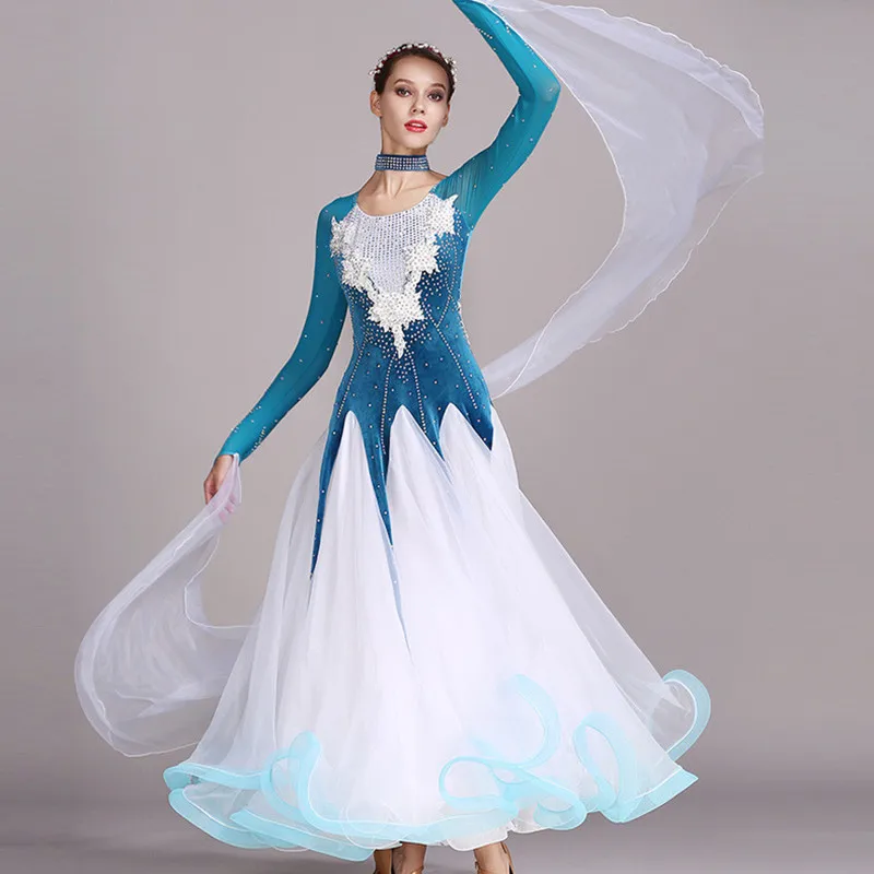 Velvet Stitching Applique Ballroom Dance Competition Dress Standard Dresses Modern Dance Costume Waltz Dress Luminous Costumes