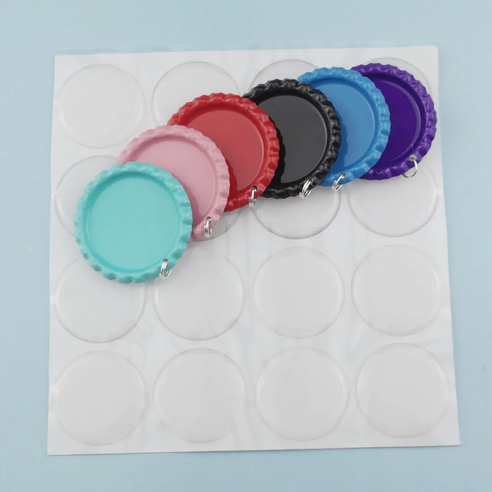 60pcs Mixed 12 Colors Both Side Colored Flattened Beer Bottle Caps With Ring&60pcs Clear Epoxy For DIY Hairbow Necklace Pendants