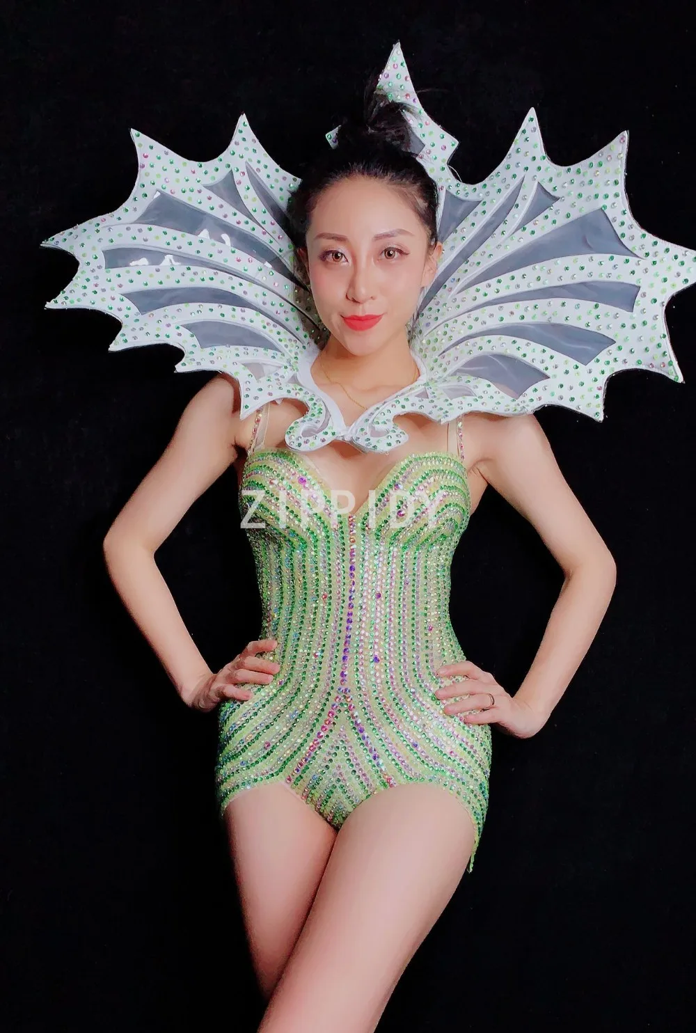 Fashion  Flashing Rhinestones See Through Mesh Sexy Bodysuit Birthday Celebrate Nightclub Dance Wear Female Singer Outfit