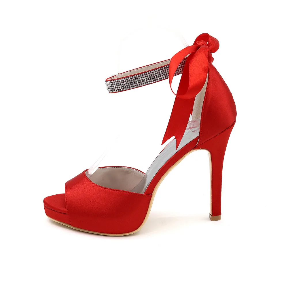 Creativesugar-zapatos de tacón elegantes de satén para mujer, calzado de vestir de noche con diamantes de imitación, Punta abierta, correa en el tobillo, lazo, fiesta, boda, azul y rojo