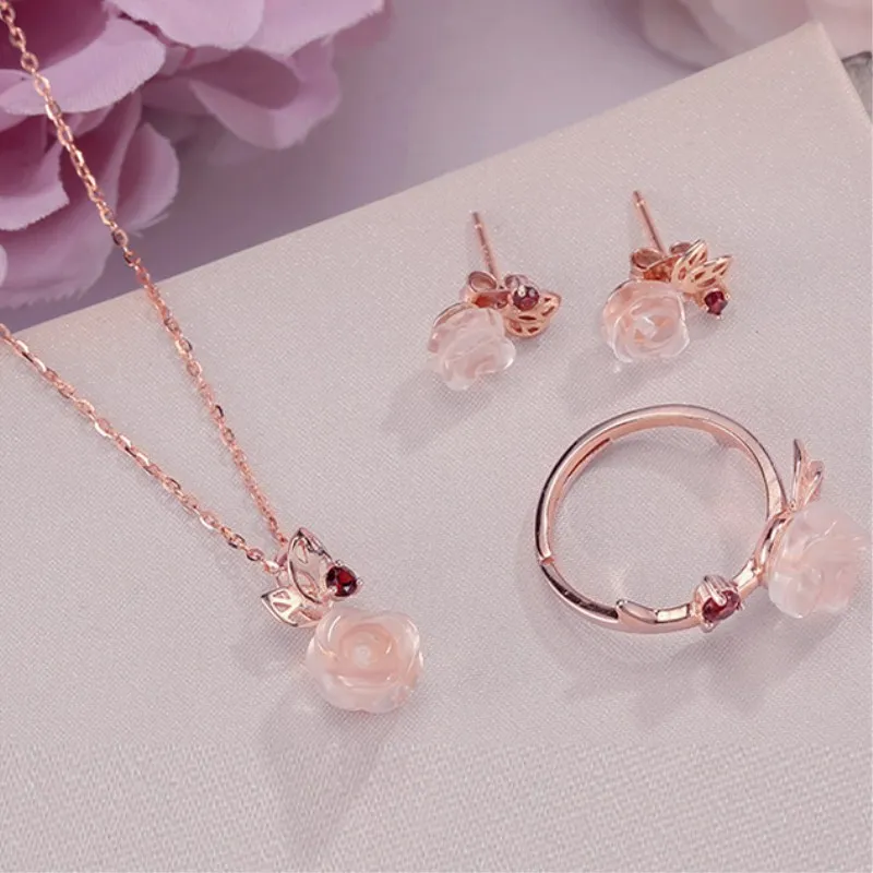 Fine Jewelry Sets For Women Real 925 Sterling Silver 100% Natural Pink Rose Quartz Rose Flower 18K Rose Gold Plated CCV033-1