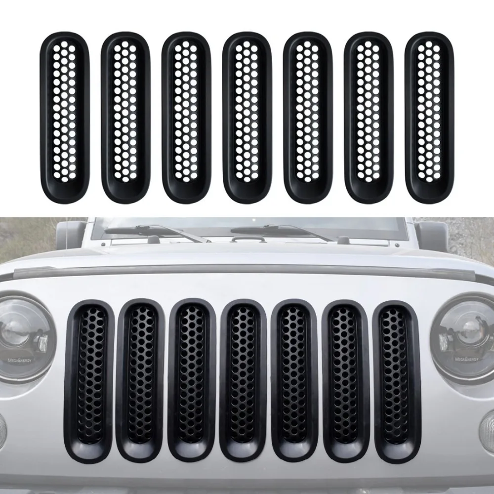 Black Front Grill Mesh Grille Insert Kit For Jeep Wrangler JK Rubicon Sahara Unlimited 2007 - 2017 -7PCS