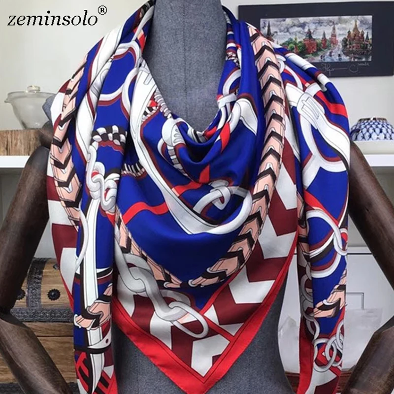 100% Twill Silk Scarf Scarves For Women Hijab Design Print Chain Square Silk Scarves Shawls 130*130cm 2019 Female Bandana Wraps