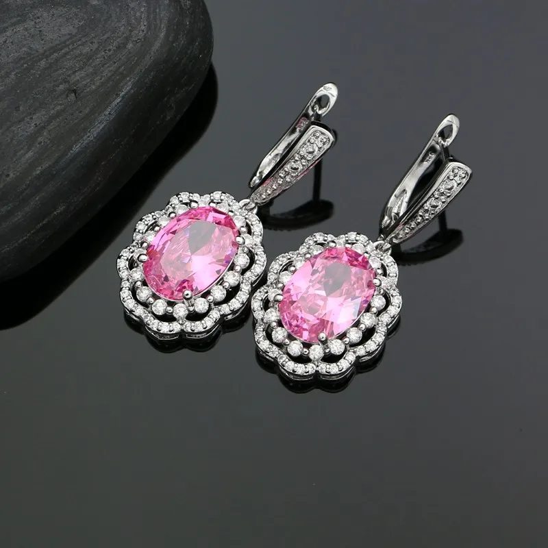 925 Silver Bridal Jewelry Sets For Women Wedding Accessories Pink Cubic Zirconia Earrings/Ring/Bracelet/Necklace/Pendant