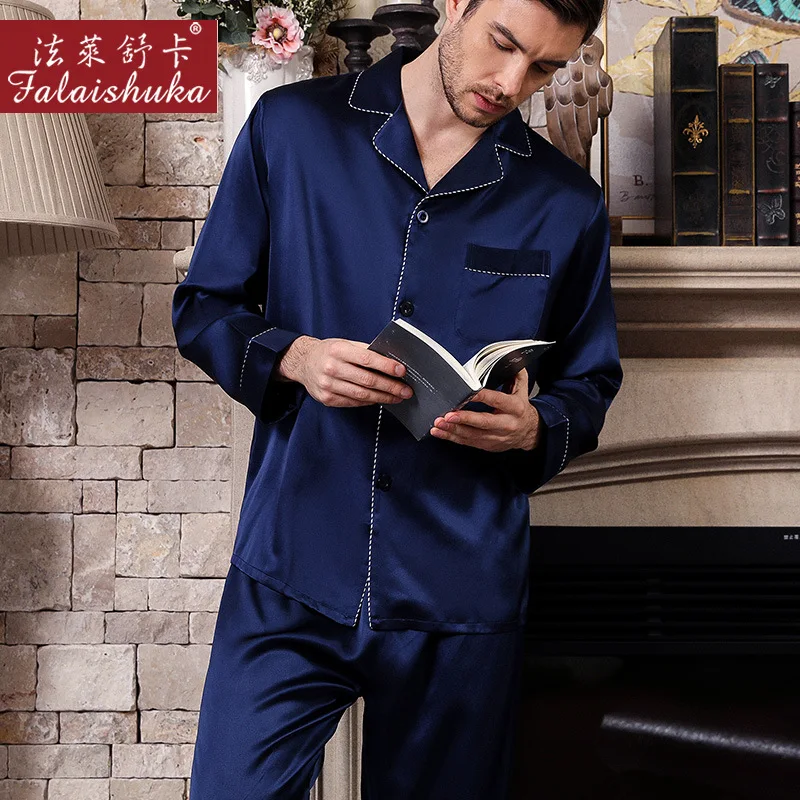 19 momme 100% silk pajamas sets mens pure color noble mulberry silk Long sleeve pyjamas for male natural silk homewear T9036