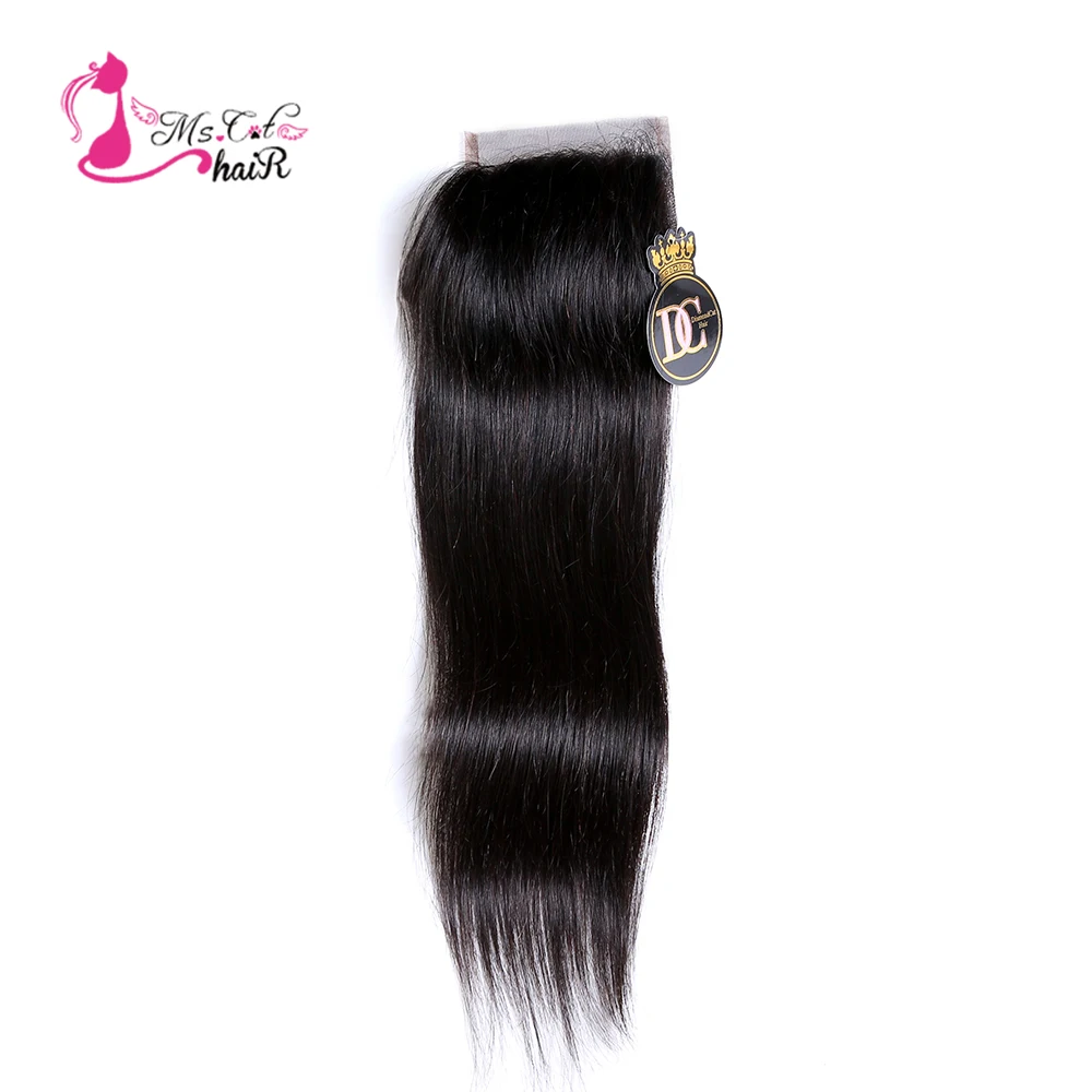 Ms Cat Hair-pelo liso peruano con cierre de encaje, tamaño de encaje 4 "X4", cabello humano de 100%, cabello Remy negro Natural de 8 "-20", pieza libre