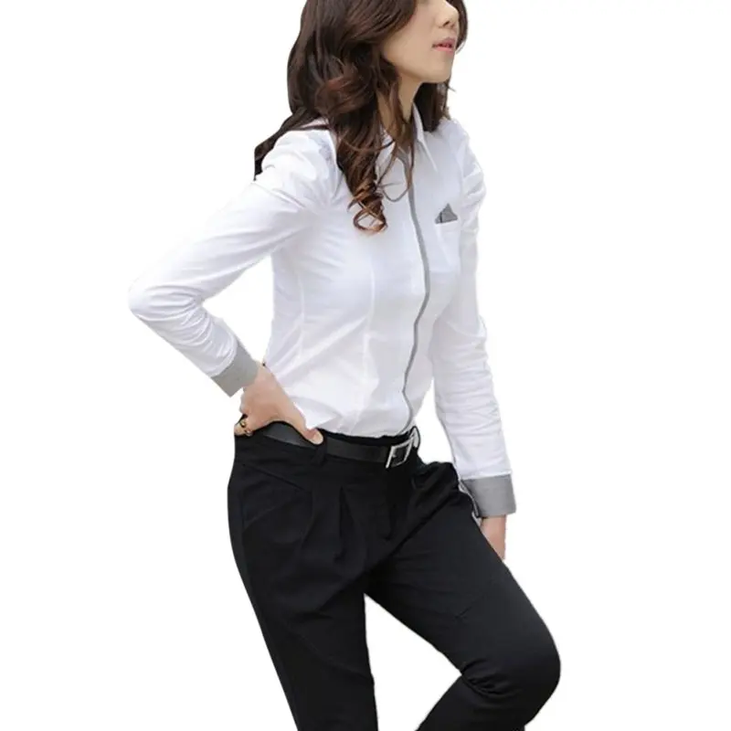 Fashion Women Office White Blouse Lady Formal Button Down Shirt Full Puff Sleeve Shirt Tops Little Pockets Blouse