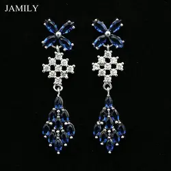 Natural Blue Cubic Zirconia  Drop Dangle Earrings 925 Sterling Silver Bridal Jewelry Long Earring For Women