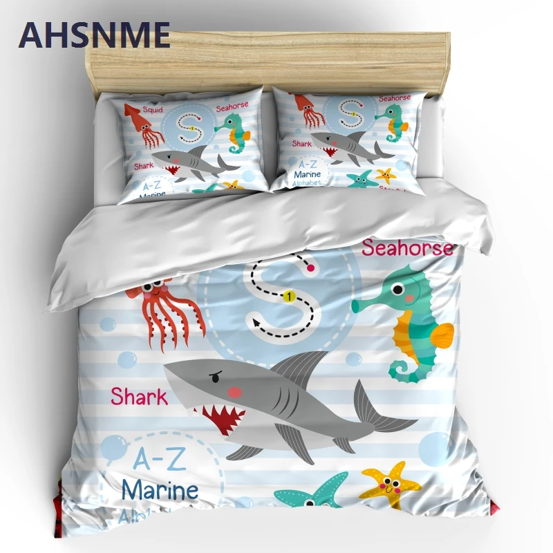 

AHSNME Cute Marine Life Bedding Set Shark Whale Duvet Cover Sets Kids Birthday Gift Sailing Bedlinen Dropshipping