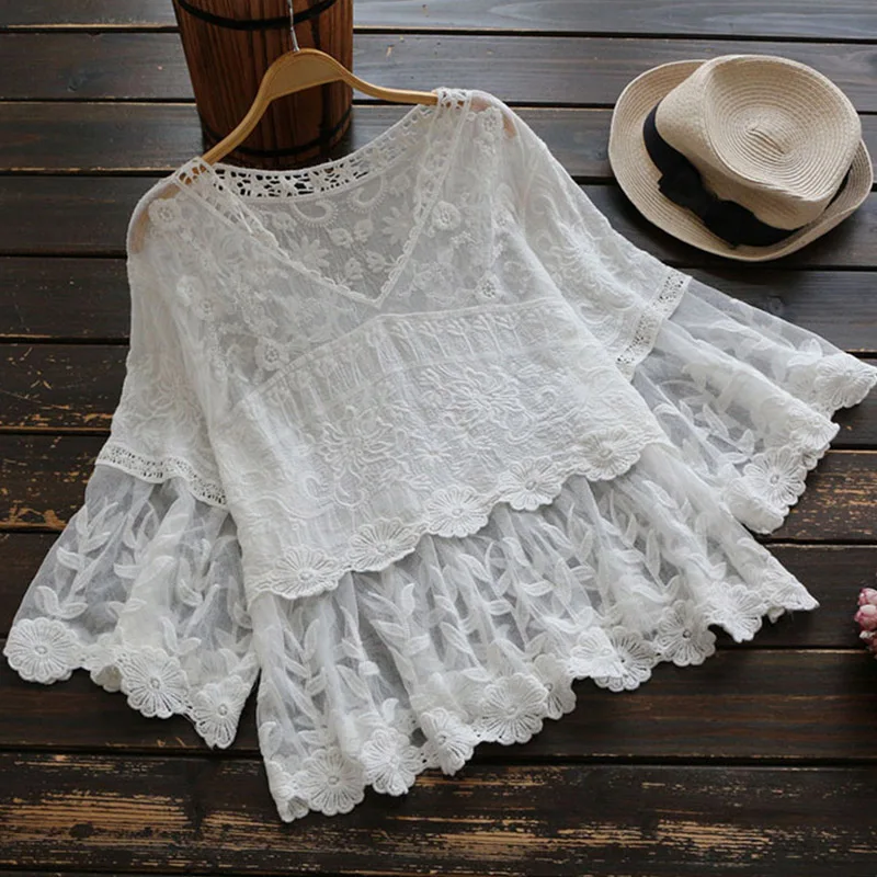 Spring Summer Mori Girl Lace Shirt Women Perspective White Floral Embroidered V Neck Casual Loose Female Blouse Tops U149