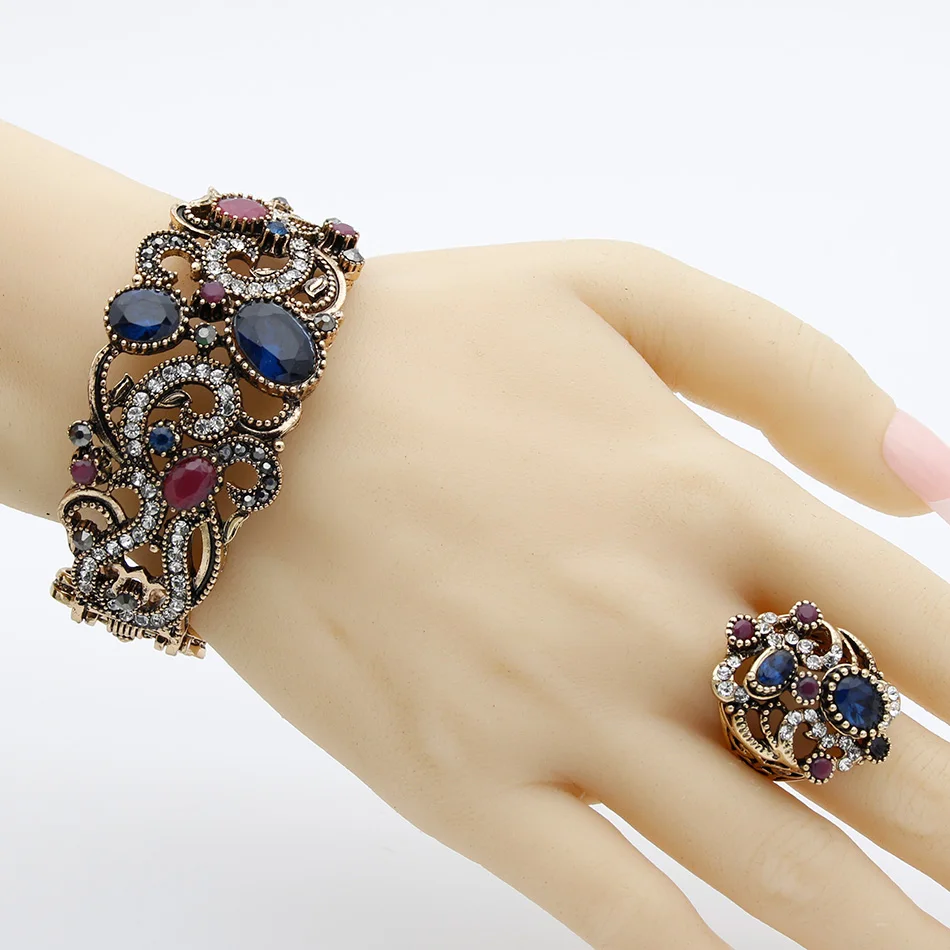 Sunspicems Bohemia Style Women Bangle Ring Sets Vintage Indian Banquet Jewelry Turkish Ethnic Bride Jewelry Sets Cuff Bracelet