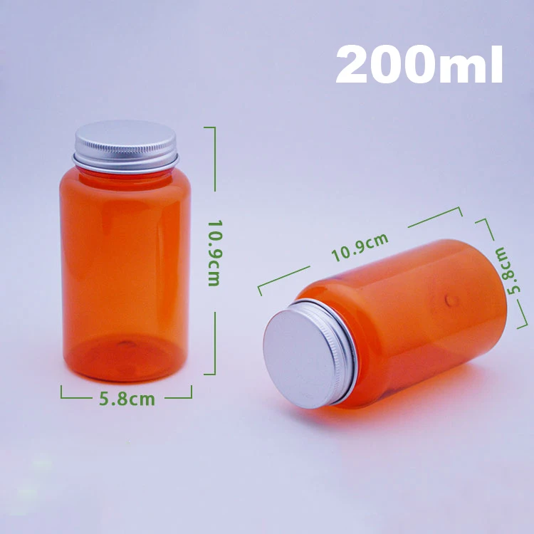 100pcs 200ml Orange Color PET Medicine Bottles,Capsules/Pills/Powder/Vitamin Plastic Bottles with Silver Color Aluminum Caps