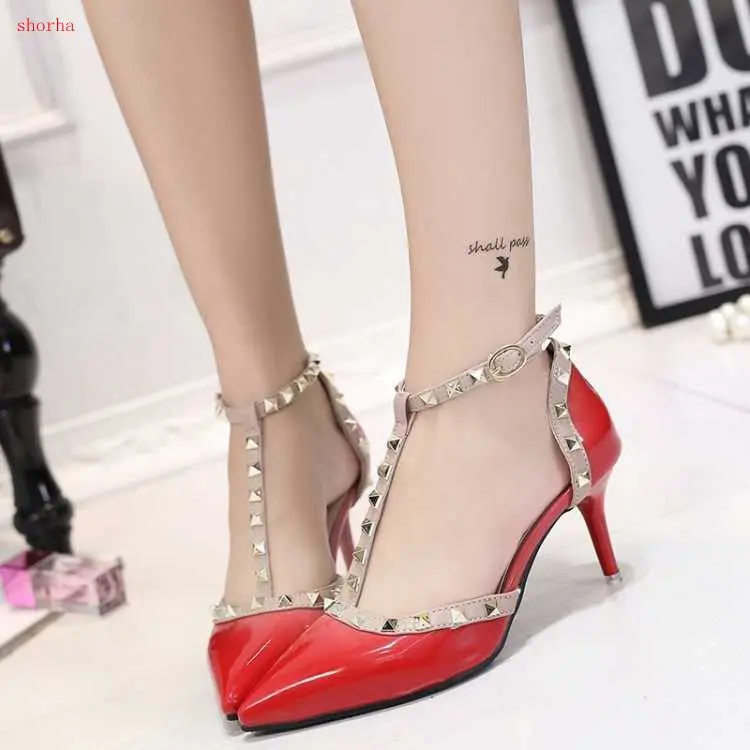 Classic new woman High heels shoes Ladies Sexy Pointed Toe women pumps Buckle rivets nude heels shoes Women's sandals