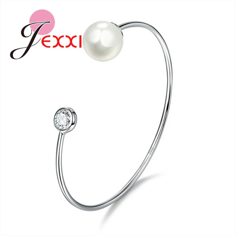 Marvelous 925 Sterling Silver Open Cuff Bangle Bright Clean Pearl Twinkling Cubic Ziron For Female Women Jewelry Free Ship