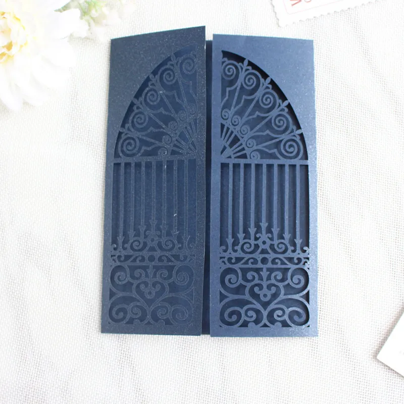 Royal blue vintage invitation card with ribbon glittery rhinestone decoration palace laser cutting paper party invitation 50pcs