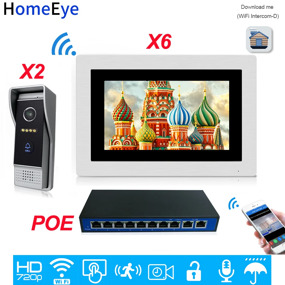 2 zu 6 POE 720 P WiFi IP Video Tür Telefon Video Intercom Startseite Access Control System Android IOS Telefon remote Entsperren Touchscreen