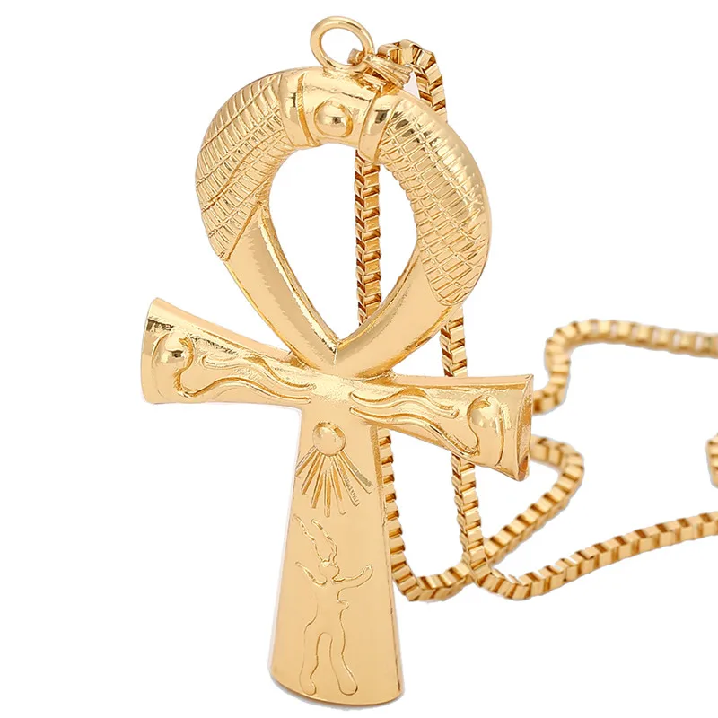 Egyptian Ankh Cross Necklace Jewelry Gold Color Metal Sacrifice Pendant & Chain Necklace For Men Women Egypt Cross Charm Gift