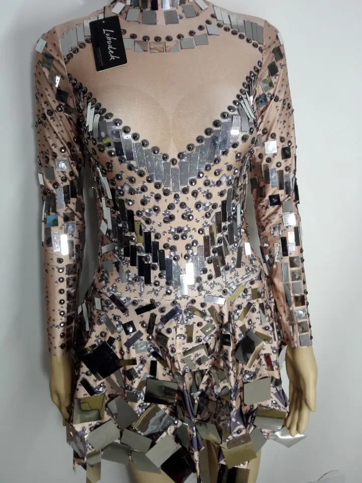 Singer Dancer Groups Modern Jazz Dance Performance Costume Silver Sequins Crystals Glitter Mirrors Long Sleeve Mini Short Dress