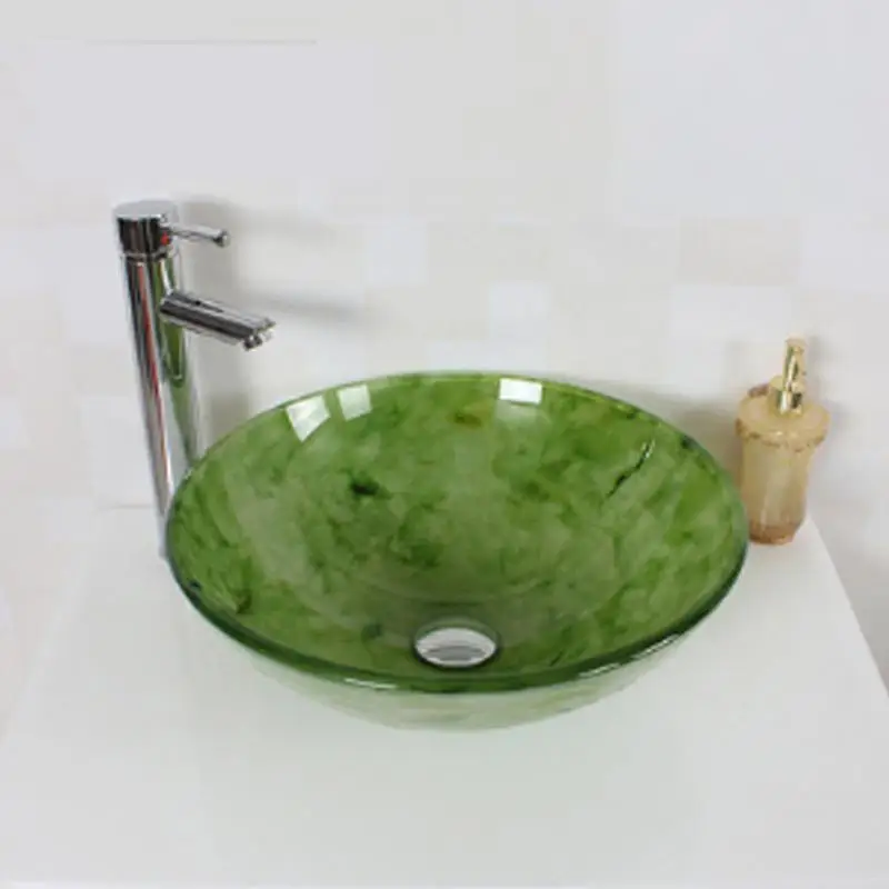 GLASS BASIN SINK WASH BOWL VESSEL green BATHROOM CLOAKROOM COUNTERTOP 42CM with TAP