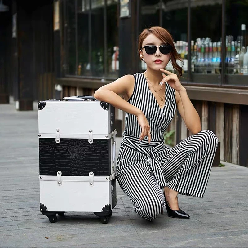 Women Retro wooden suitcase spinner trolley bag with Cosmetic case lady 20 24 26 vintage rolling luggage sets handbag on wheels