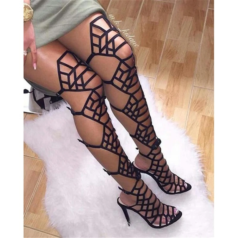 Fashion Summer Womens Over The Knee Gladiator Sandals Sexy Open Toe Thin High Heel Hollow Out Sandals Boots Buckle Strap Shoes