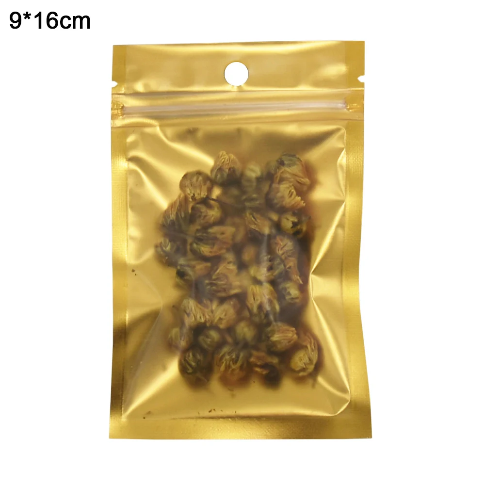 

9x16cm Heat Sealable Gold Matte Clear Front Plastic Zip Lock Bags Dried Food Flower Smell Proof Storage Bags with Hang Hole