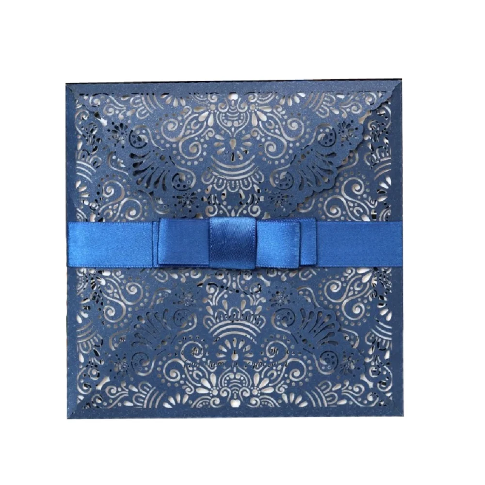 

50pcs Navy Blue Square Laser Cut Engagement Wedding Favor Invitations Hollow Lace Invites Birthday Business Greeting Cards