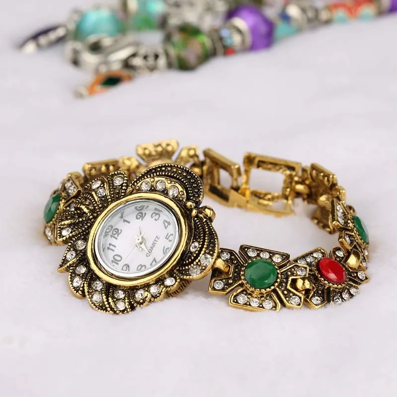 2018 New Vintage Indian Turkish Wrist Watch Jewelry Antique Gold Color Crystal Bracelets Bangles For Women Mothers Day Gift