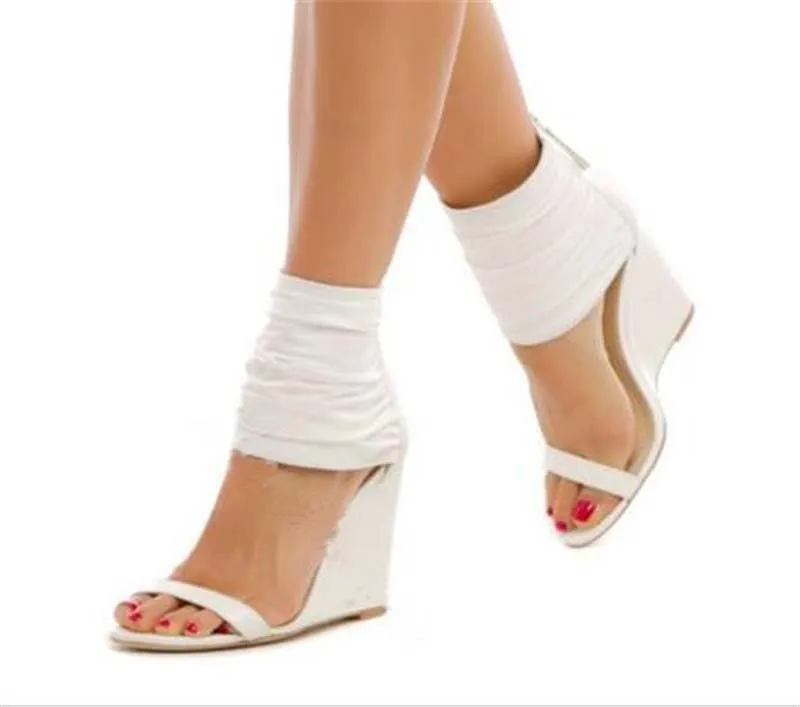 

Ladies Summer Comfortable White PU Leather Wedge Sandals One Strap Ankle Wrap Back Zipper-up Super High Wedge Sandals