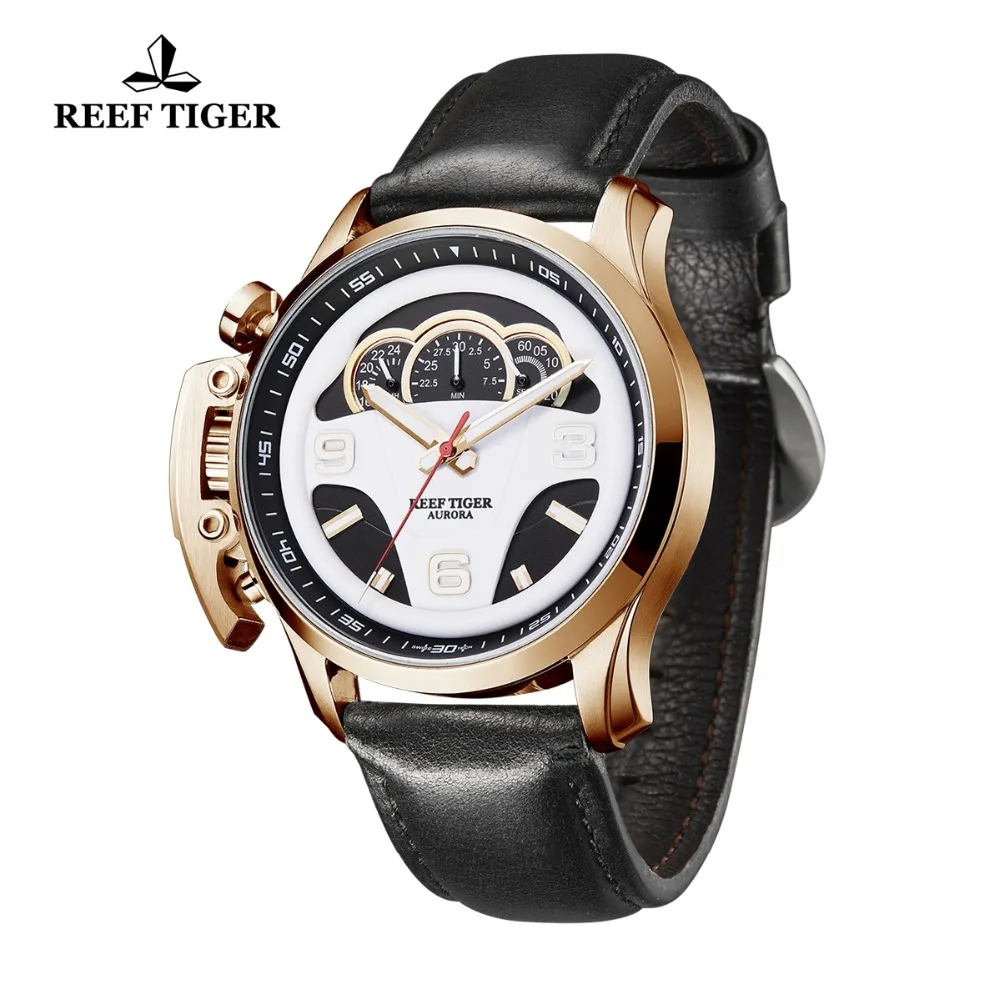 Reef Tiger/RT Mens Fashion Sport Watches Dashboard Dial Genuine Leather Strap Chronograph Stop Watches RGA2105