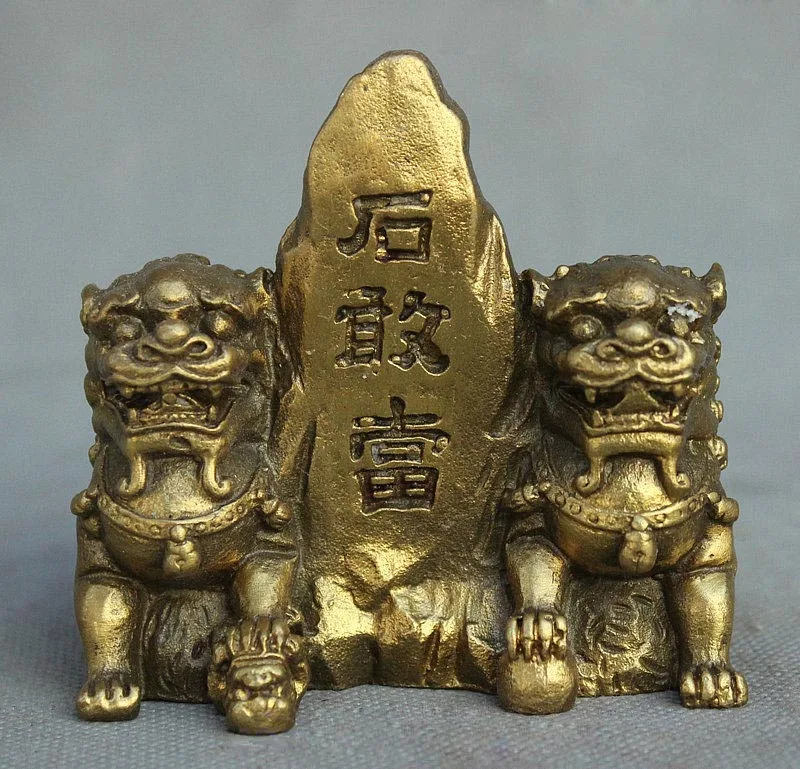 Chinese Folk ZhenZhai Copper Brass 2 Guard Fu Foo Dog Lion Statue Shi Guan Dang