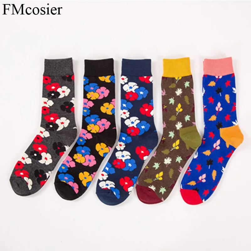 5 Pairs Novelty Autumn Winter Fashion Cotton Art Happy Socks for Men Flowers Colorful Meia Sokken Socken Loafers Sox Lot