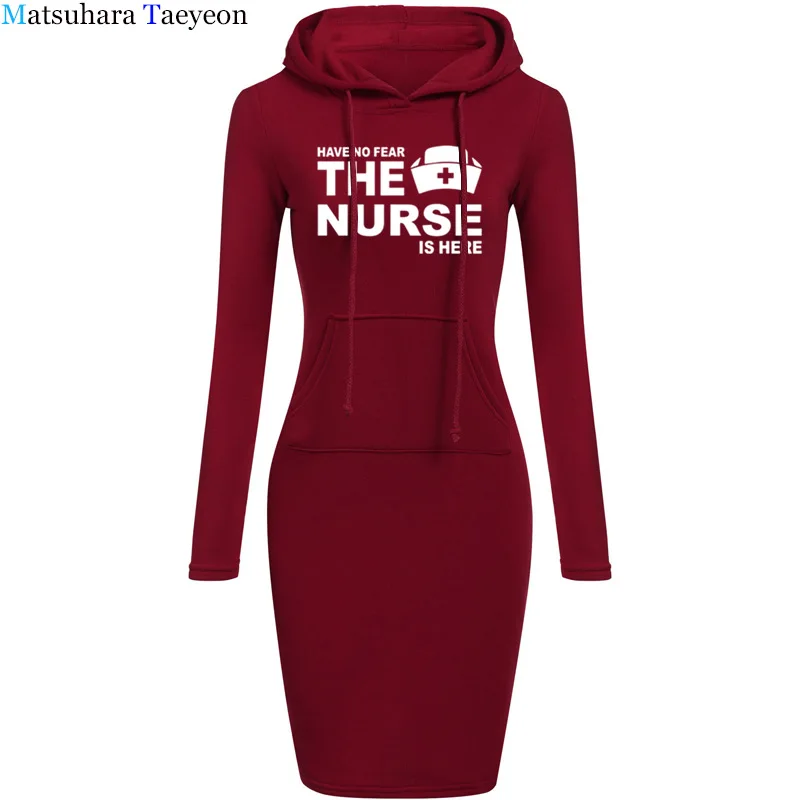 Have No Fear The Nurse Is here Winter Warm Sweater Long-sleeved Dress Woman Clothing Collar Pocket Design Simple Woman Dress