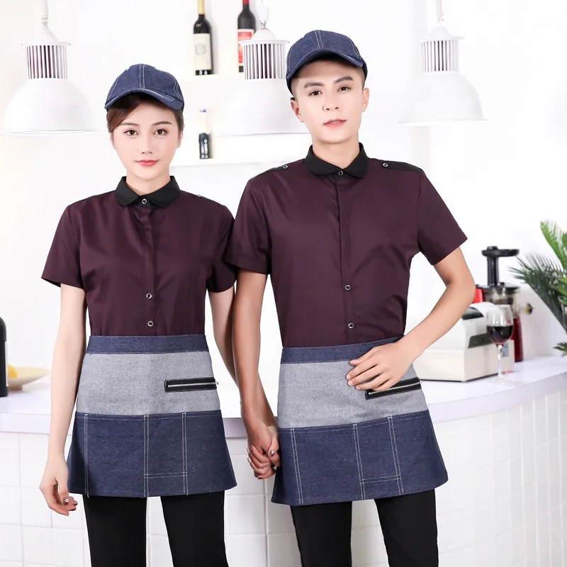 Hotel Waitress Workwear Short Sleeve Cafe Restaurant Tea House Breathable Overalls Catering Waiter Men Single Top Uniform H2242