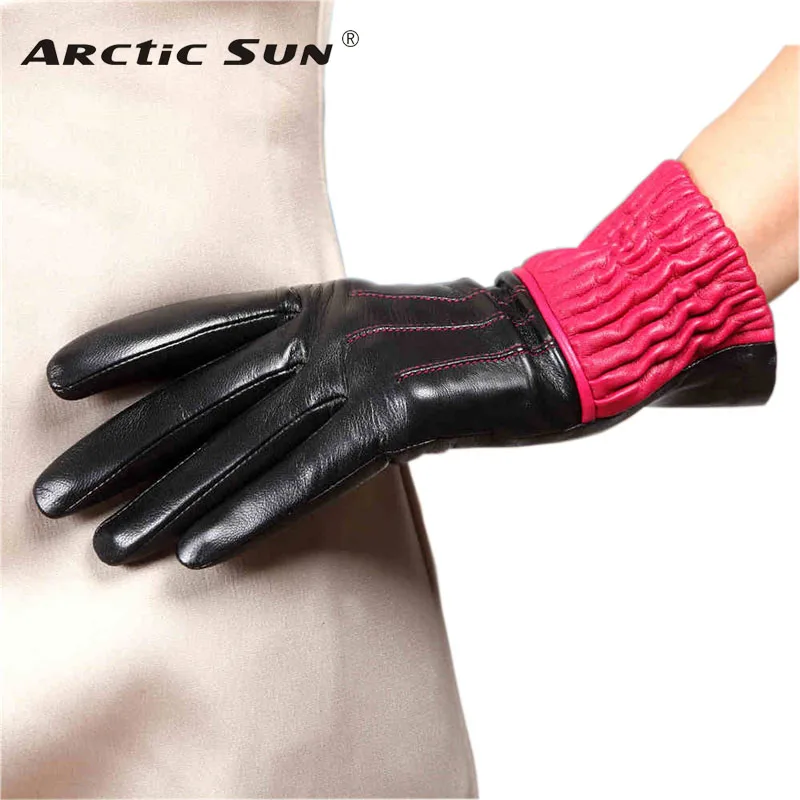 Brand Genuine Leather Gloves High Quality  Women  Sheepskin Gloves Two Tone Winter Plus Velvet Finger Driving Glove L150NC