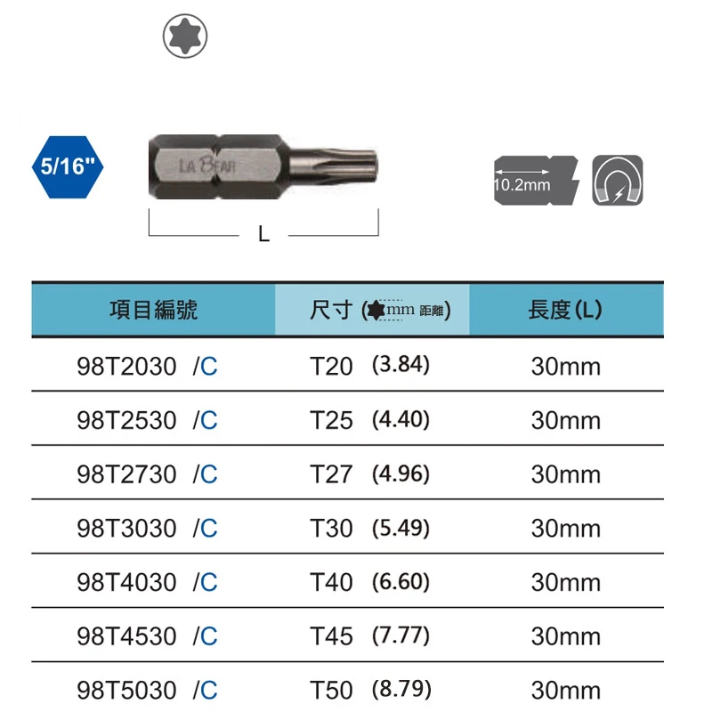 30mm long 8mm 5/16 inch Hex Multi-purpose Heavy Duty Impact Torx Star Screwdriver Bit Set Tools Torx T20 T25 T27 T30 T40 T45 T50