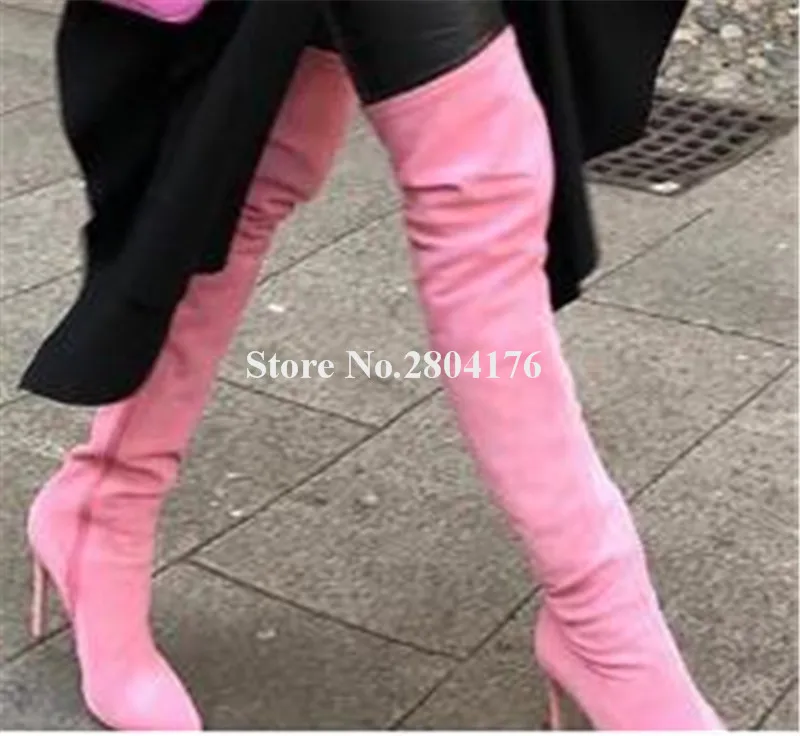 Women Charming Suede Leather Over Knee Stiletto Thin Heel Boots Pink Slim Style Long High Heel Boots Sexy Club Shoes