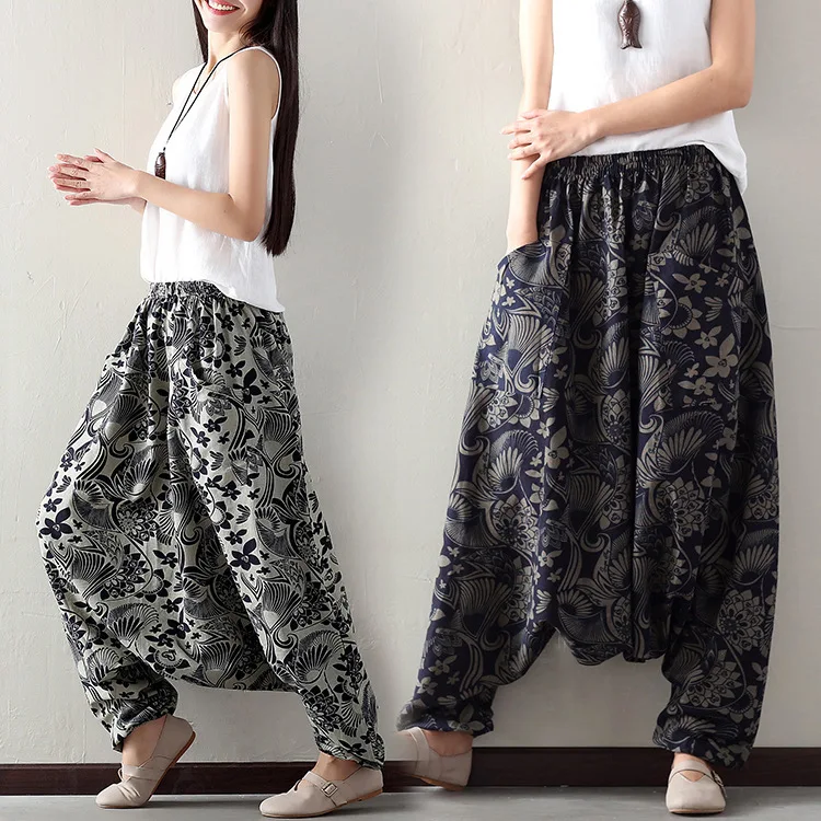 Summer Big Crotch Floral Baggy pants Casual Fluid Boho Low Drop Crotch Bloomers Elastic Waist Indian Nepal loose Harem Pants A52